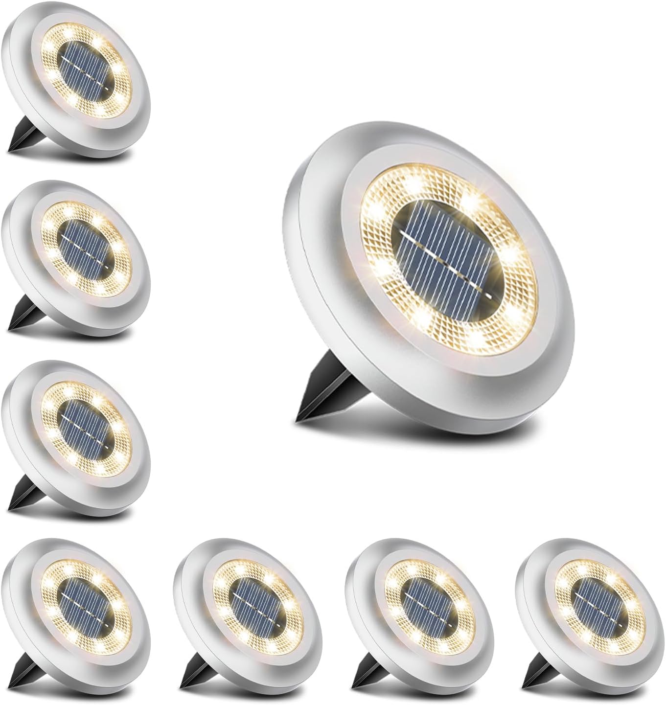 (White) Solar Lights Outdoor Garden,600mAh Solar Ground Lights 8 LED Solar Disk Lights for Garden Lawn Pathway Yard Landscape Walkway 8PCS 