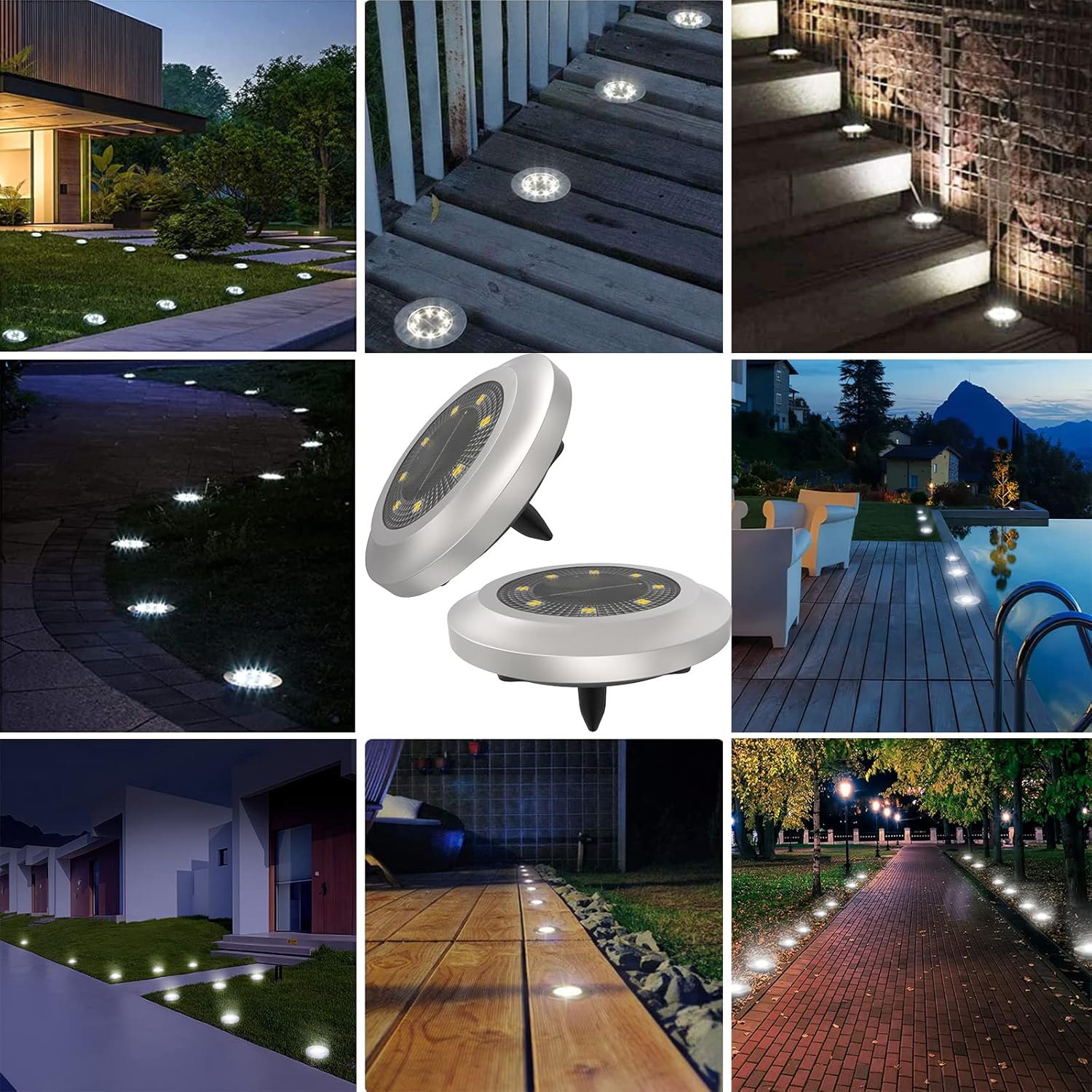 (White) Solar Lights Outdoor Garden,600mAh Solar Ground Lights 8 LED Solar Disk Lights for Garden Lawn Pathway Yard Landscape Walkway 8PCS 