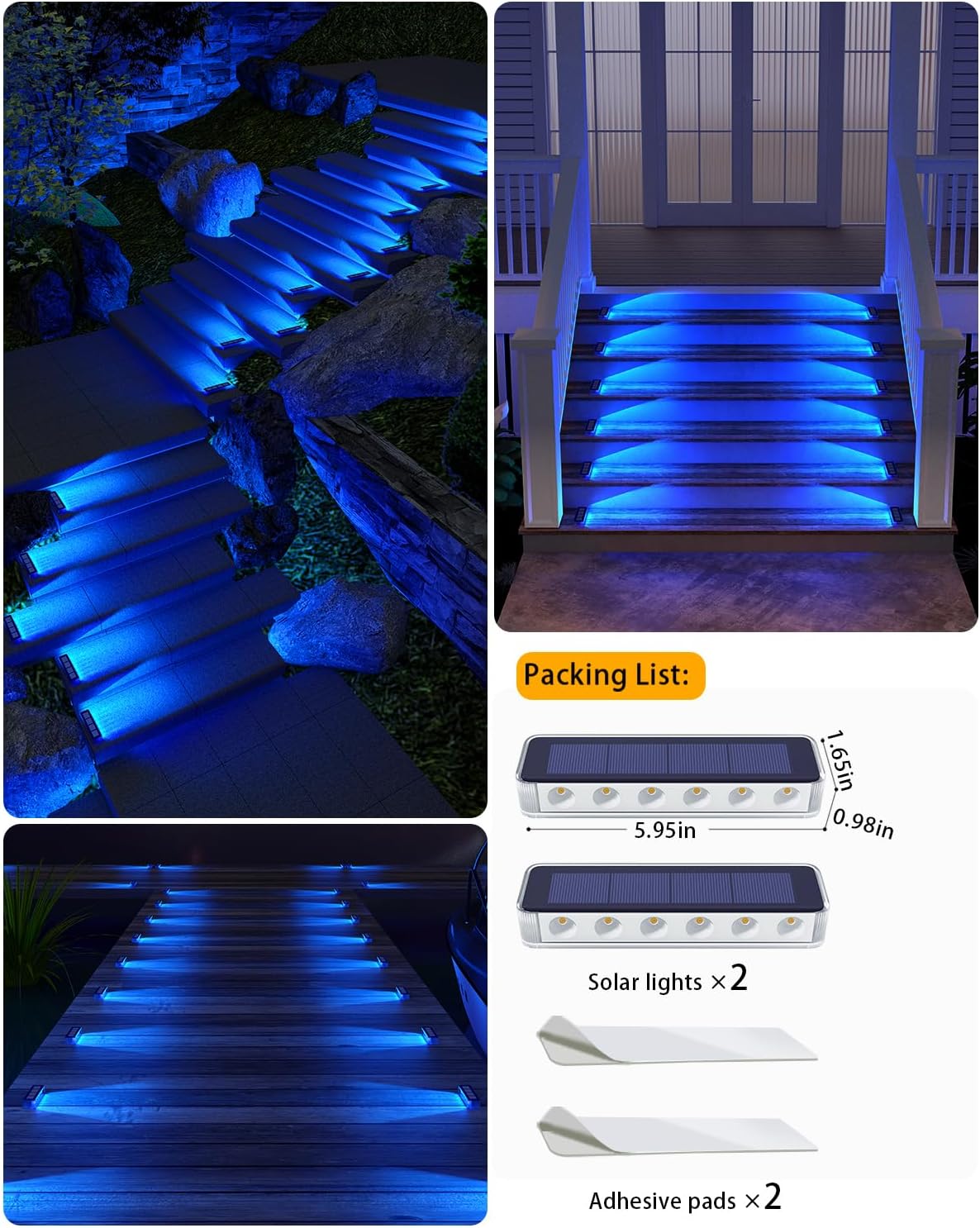(Blue) Solar Lights Outdoor Garden 4-Pack Solar Lights Outdoor Waterproof Decking Light 1000mAh Battery 8-10H Auto Lighting Step Light Solar Powered for Dock Steps 