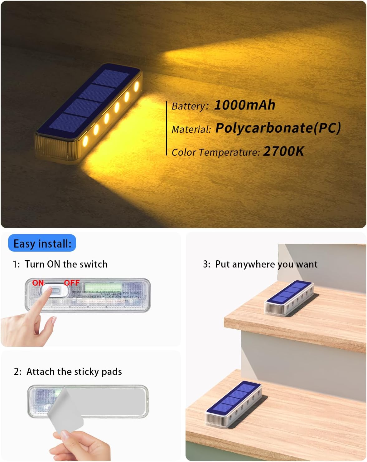 (Blue) Solar Lights Outdoor Garden 4-Pack Solar Lights Outdoor Waterproof Decking Light 1000mAh Battery 8-10H Auto Lighting Step Light Solar Powered for Dock Steps 