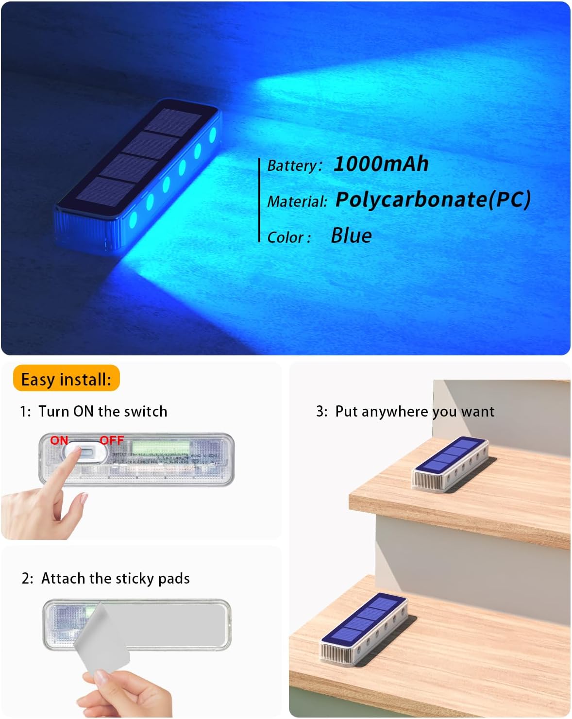 (Blue) Solar Lights Outdoor Garden 4-Pack Solar Lights Outdoor Waterproof Decking Light 1000mAh Battery 8-10H Auto Lighting Step Light Solar Powered for Dock Steps 