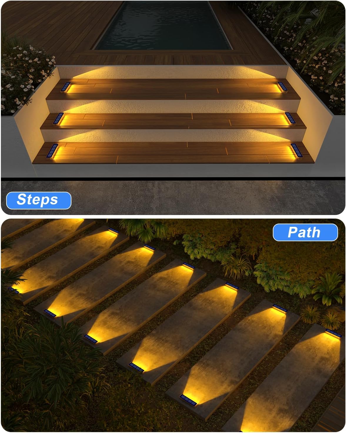 (Blue) Solar Lights Outdoor Garden 4-Pack Solar Lights Outdoor Waterproof Decking Light 1000mAh Battery 8-10H Auto Lighting Step Light Solar Powered for Dock Steps 