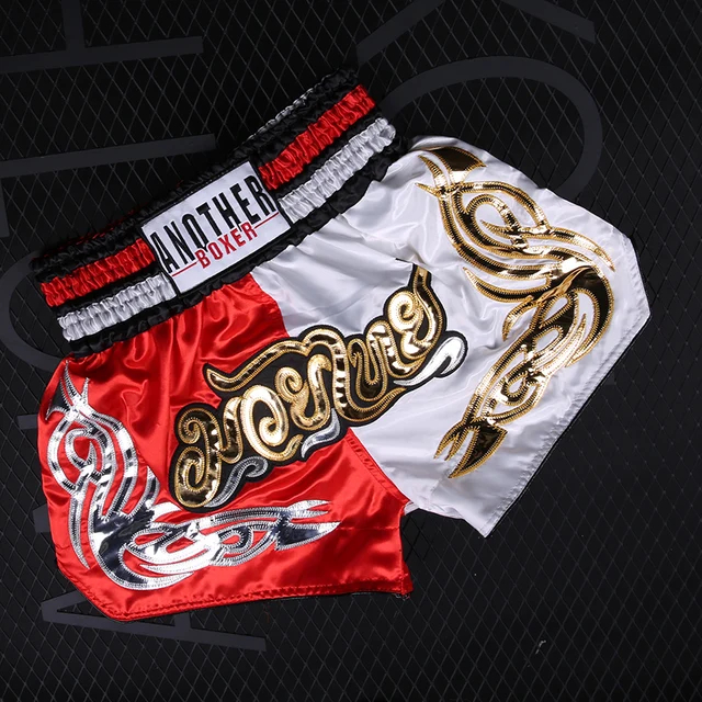 (XL) Embroidery Muay Thai Shorts Unisex Satin Boxing Pants for Men Women Kids MMA Kickboxing Fight