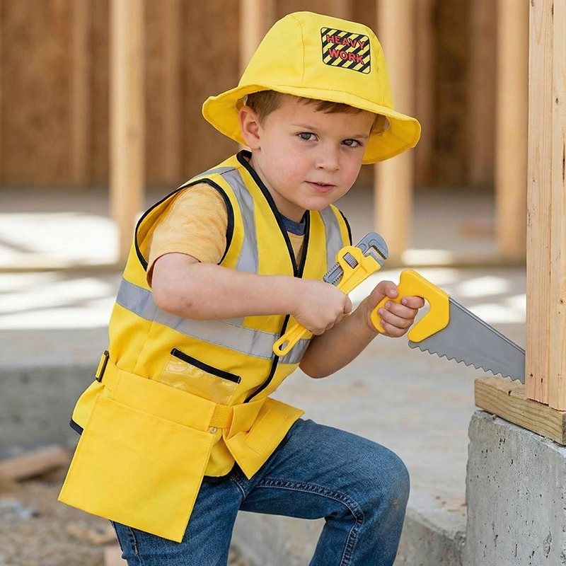  Kids Construction Worker Costume Yellow Vest and Hat, Perfect for Child Birthday Parties Halloween Worker Costume Cosplay Gift
