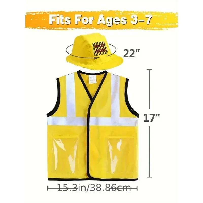  Kids Construction Worker Costume Yellow Vest and Hat, Perfect for Child Birthday Parties Halloween Worker Costume Cosplay Gift