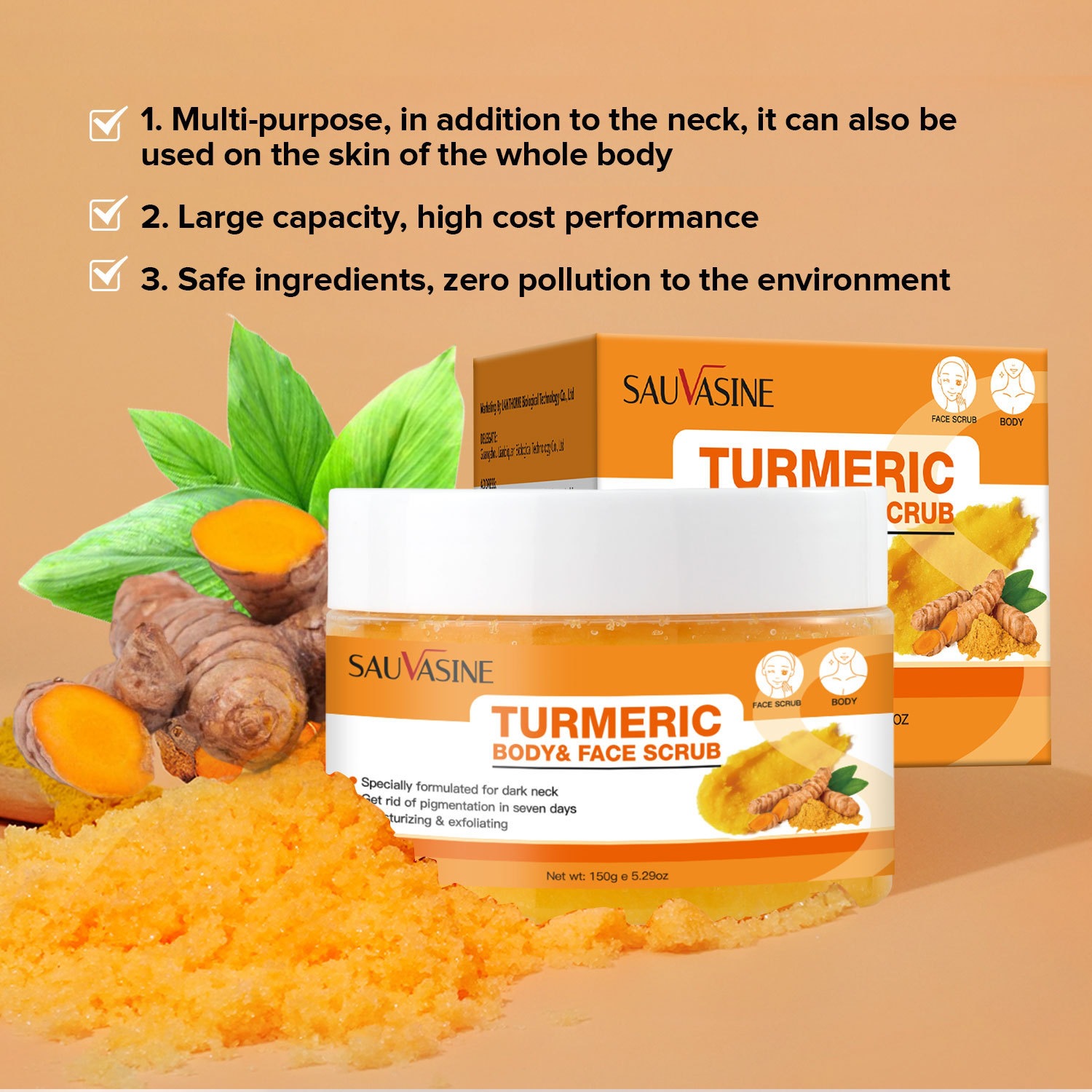 Sauvasine Turmeric Neck Scrub For Exfoliating Smoothing And Brightening Neck Area Gentle Polishing Cream 150g