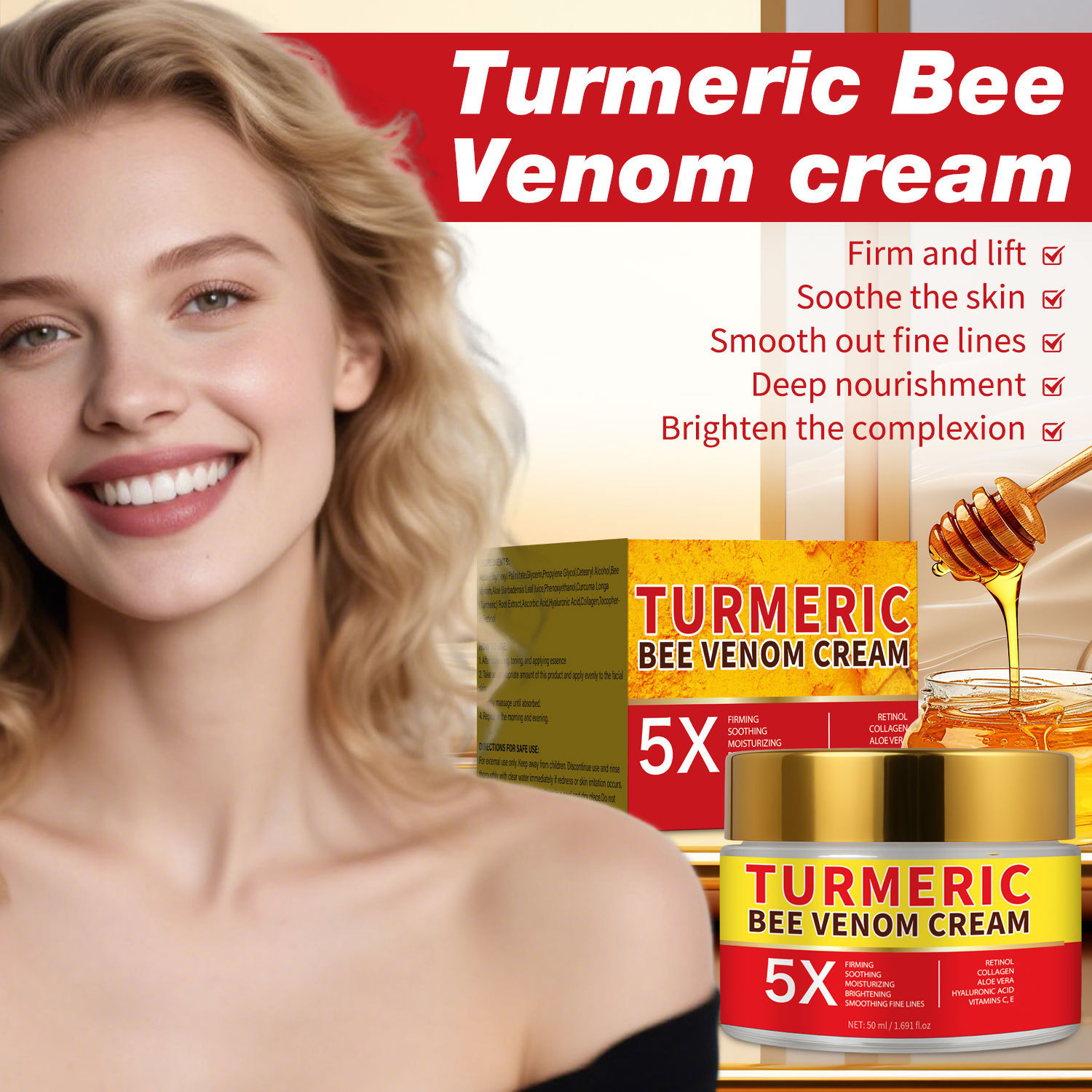 Turmeric Bee Venom Moisturizing Cream Hydrating Nourishing For Soft Smooth Skin Daily Face Care 50ml