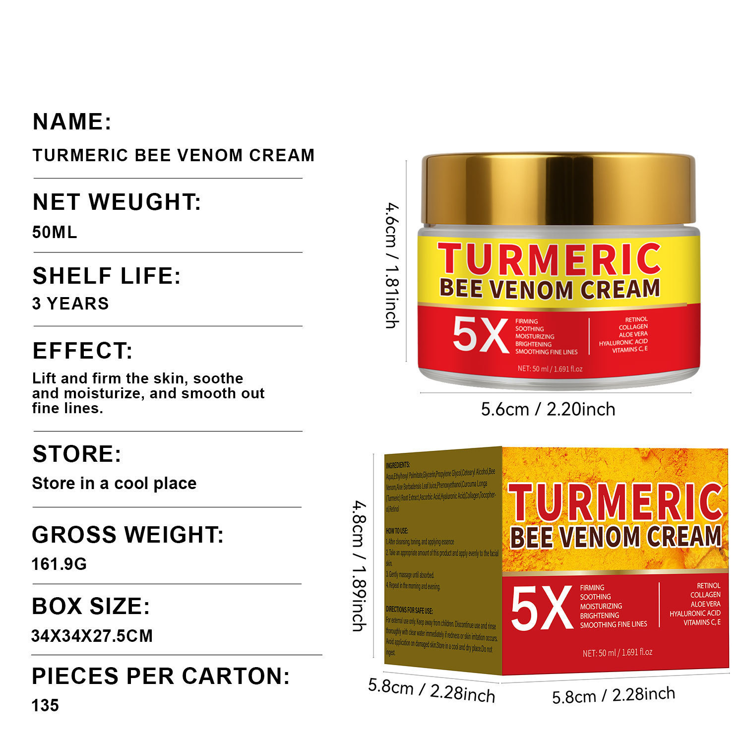 Turmeric Bee Venom Moisturizing Cream Hydrating Nourishing For Soft Smooth Skin Daily Face Care 50ml