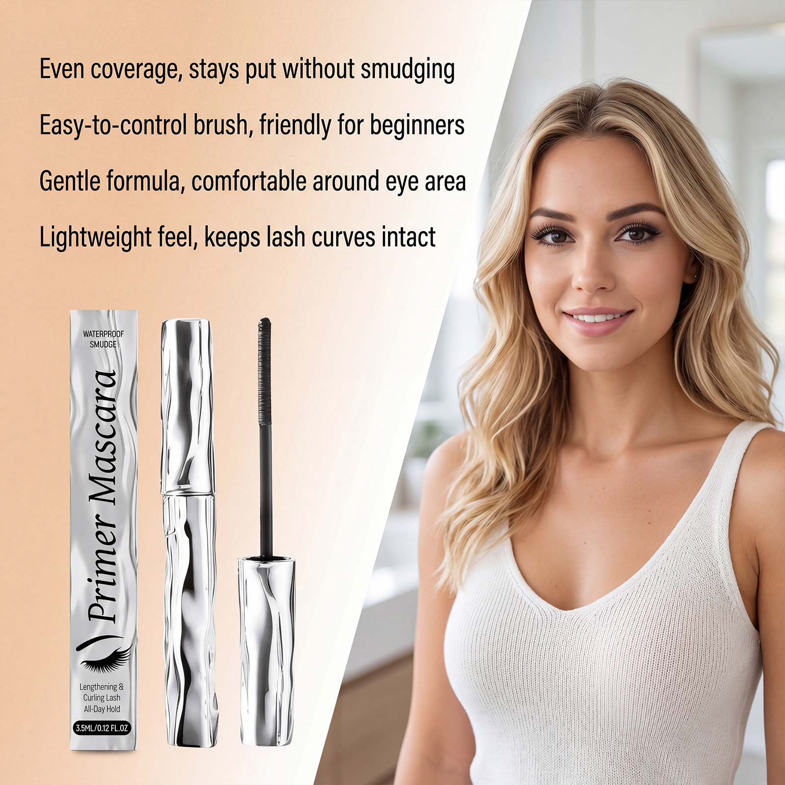(Black) Length Curling Primer Mascara Black Separated Clump Free Long Lasting Waterproof Easy Brushing Eye Makeup Cosmetic