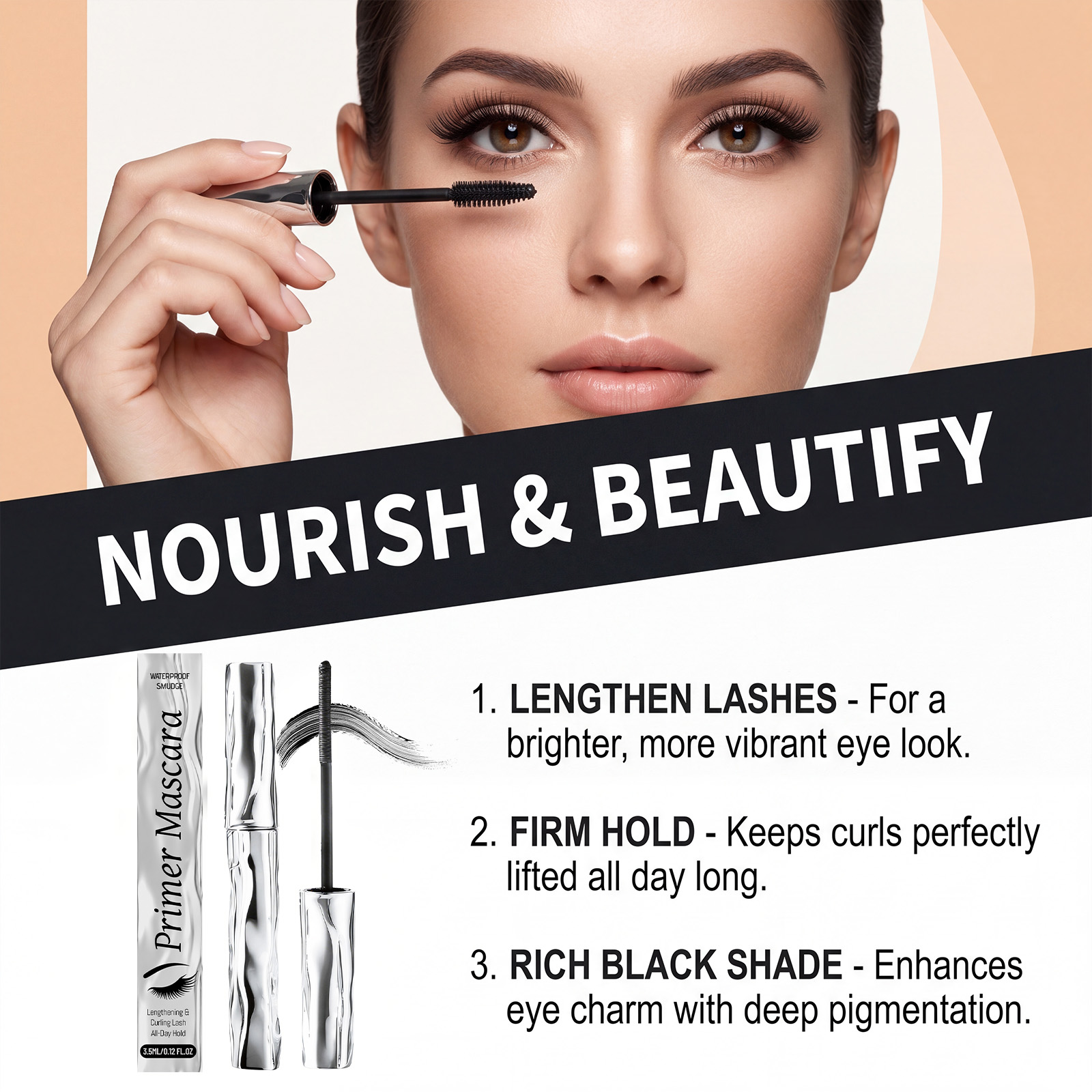 (Black) Length Curling Primer Mascara Black Separated Clump Free Long Lasting Waterproof Easy Brushing Eye Makeup Cosmetic