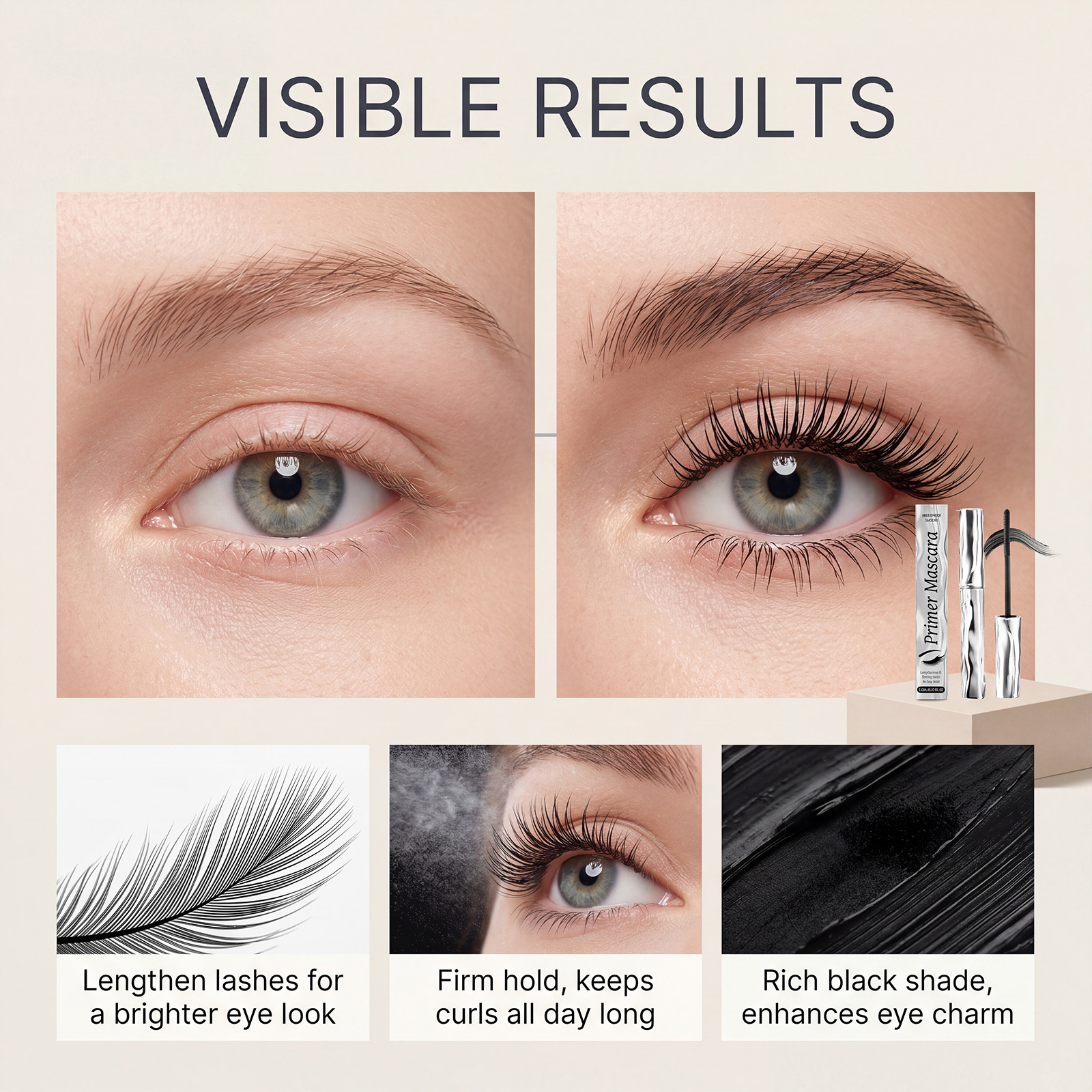 (Black) Length Curling Primer Mascara Black Separated Clump Free Long Lasting Waterproof Easy Brushing Eye Makeup Cosmetic