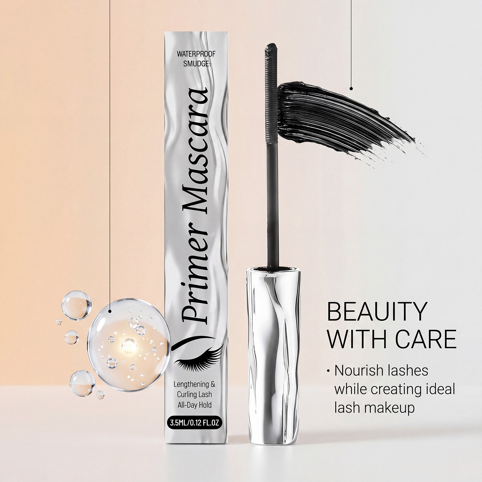 (Black) Length Curling Primer Mascara Black Separated Clump Free Long Lasting Waterproof Easy Brushing Eye Makeup Cosmetic