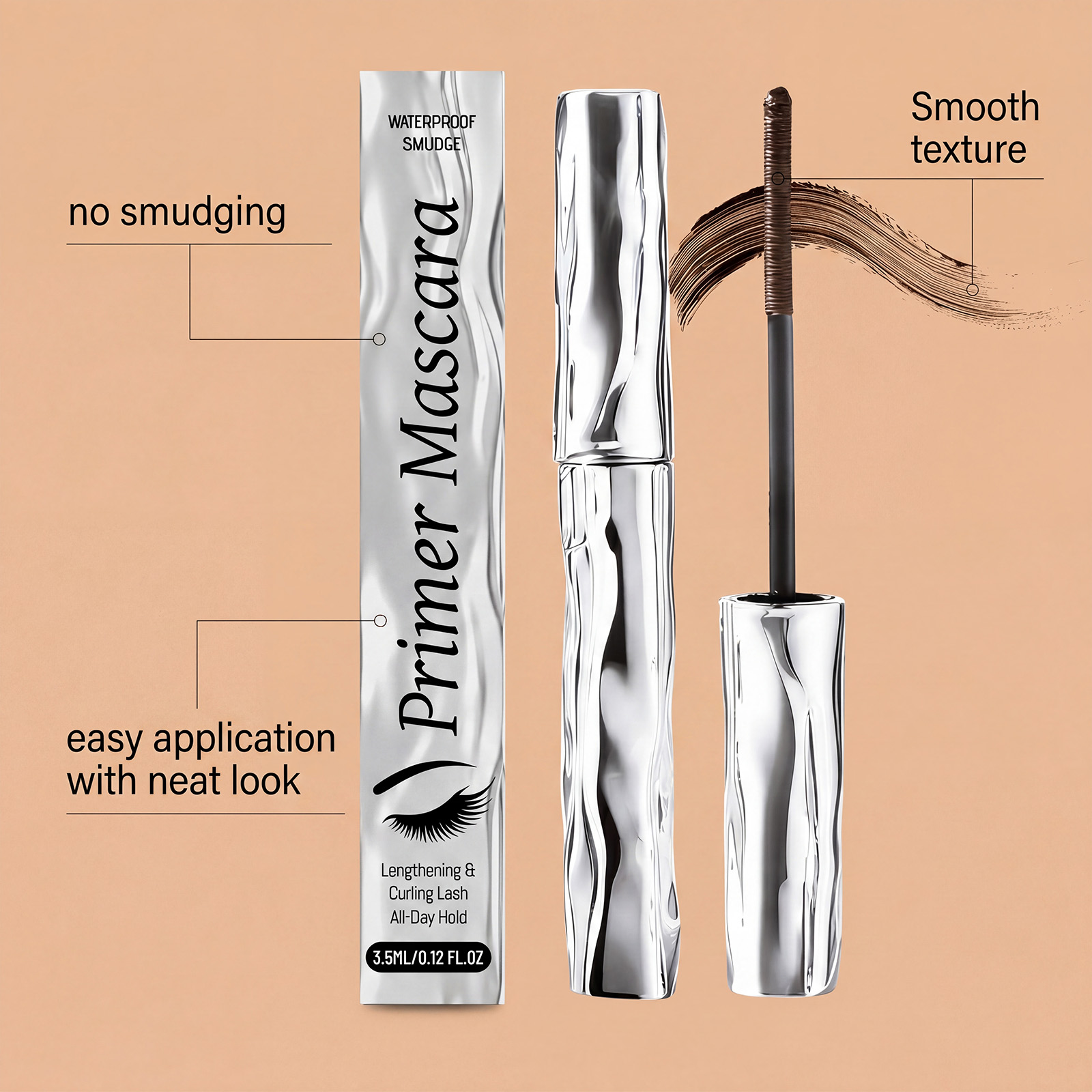 (Black) Length Curling Primer Mascara Black Separated Clump Free Long Lasting Waterproof Easy Brushing Eye Makeup Cosmetic