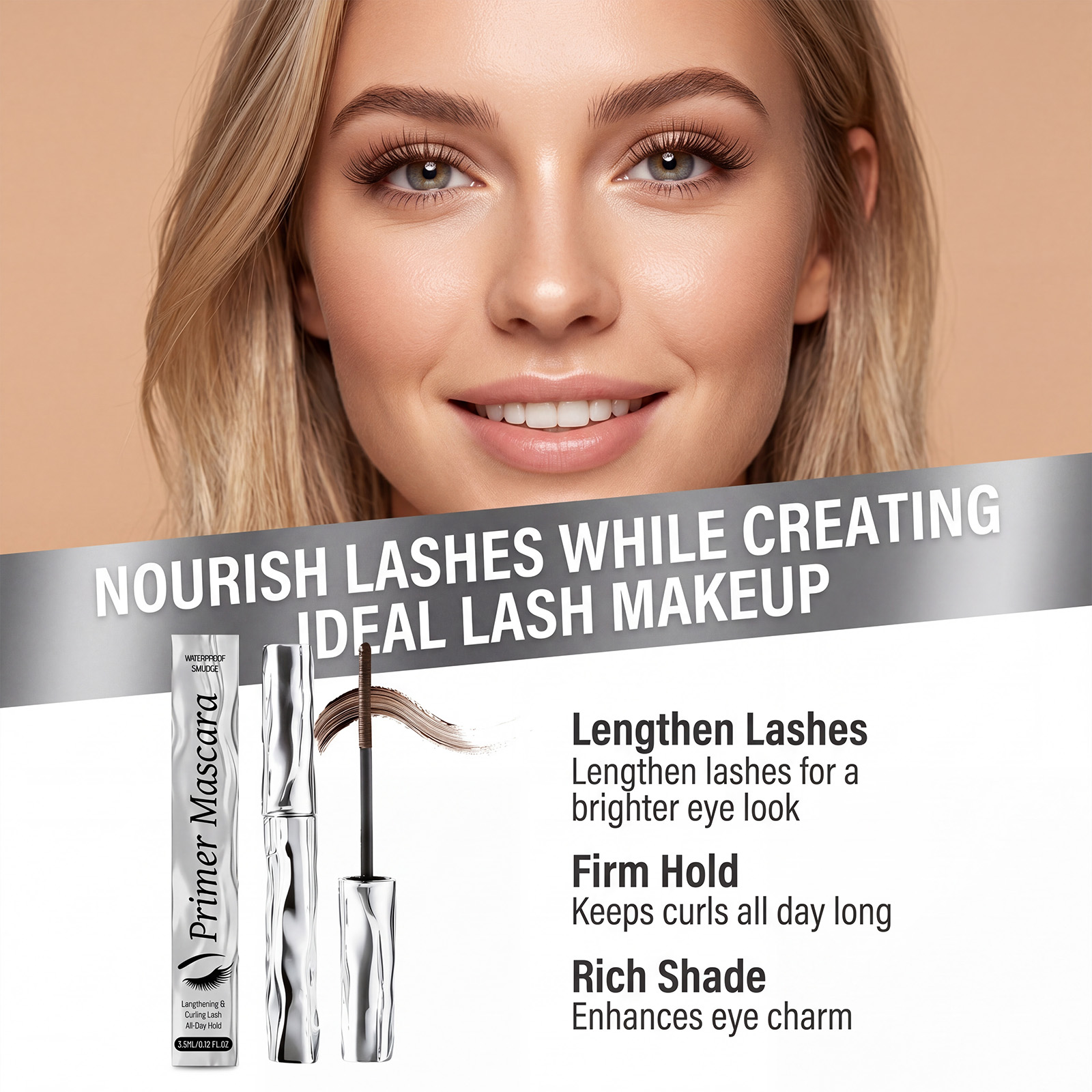 (Black) Length Curling Primer Mascara Black Separated Clump Free Long Lasting Waterproof Easy Brushing Eye Makeup Cosmetic