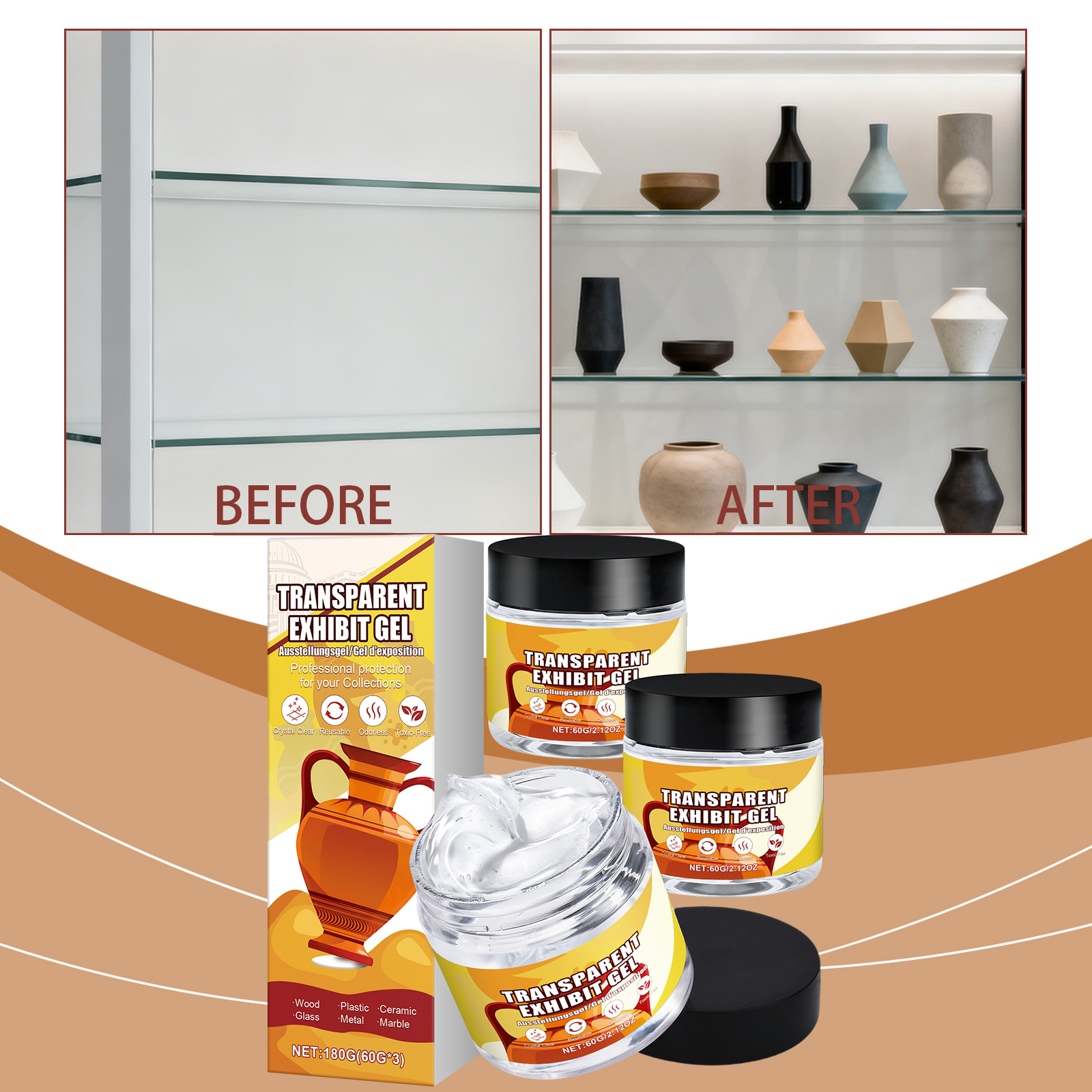 Clear Display Gel Stable Base Protective Adhesive For Exhibits Collections Window Counter Display Usage Special