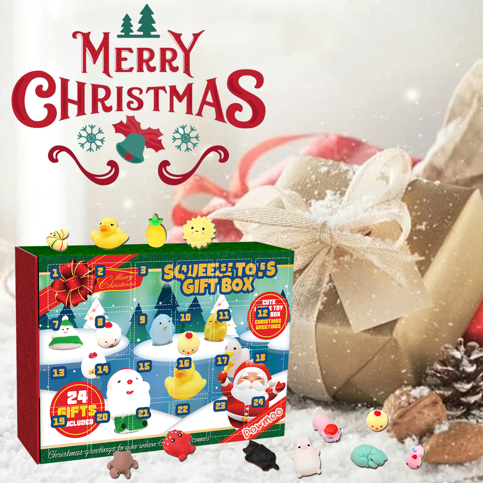 Dowmoo Christmas Squishy Gift Box 24 Grid Countdown Blind Box Stress Relief Cartoon Toy