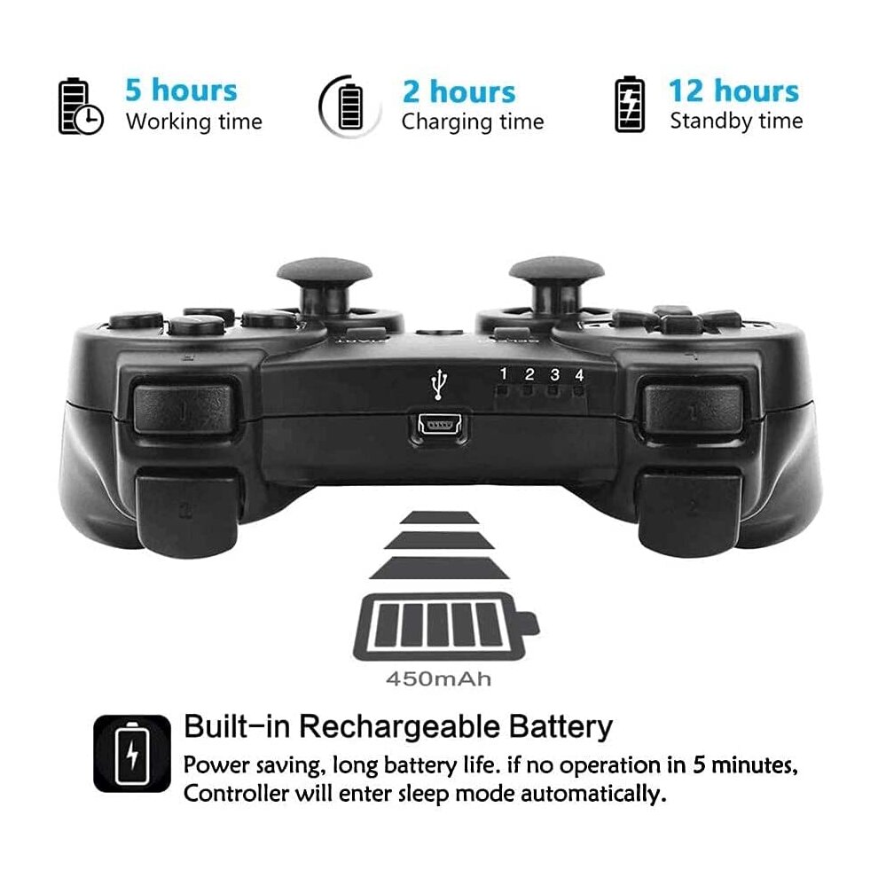 Controller Wireless for PS3 Double Shock Controller Rechargeable Gamepad Joystick for Playstation 3 with USB Charge Cable Cord