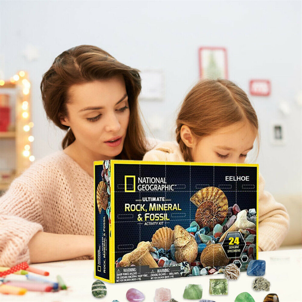Advent Calendar Stone Rocks Mineral Fossil Kit 2022 Christmas 24 Days Countdown Calendar Geology Enthusiasts Collection Xmas Suprise Gift Box Treasure Ore Guessing Fun Toy Early Childhood Education Toys
