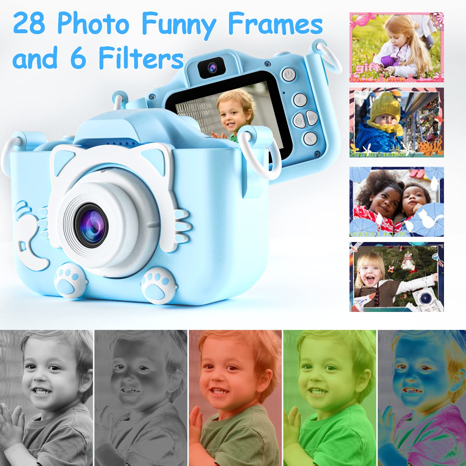 (Blue) Kids Digital Camera Video Camcorder Shockproof Rechargeable with 32GB SD Card Cartoon Soft Silicone Case for Outdoor Play Toys Christmas Birthday Festival Gifts for Child Toddler