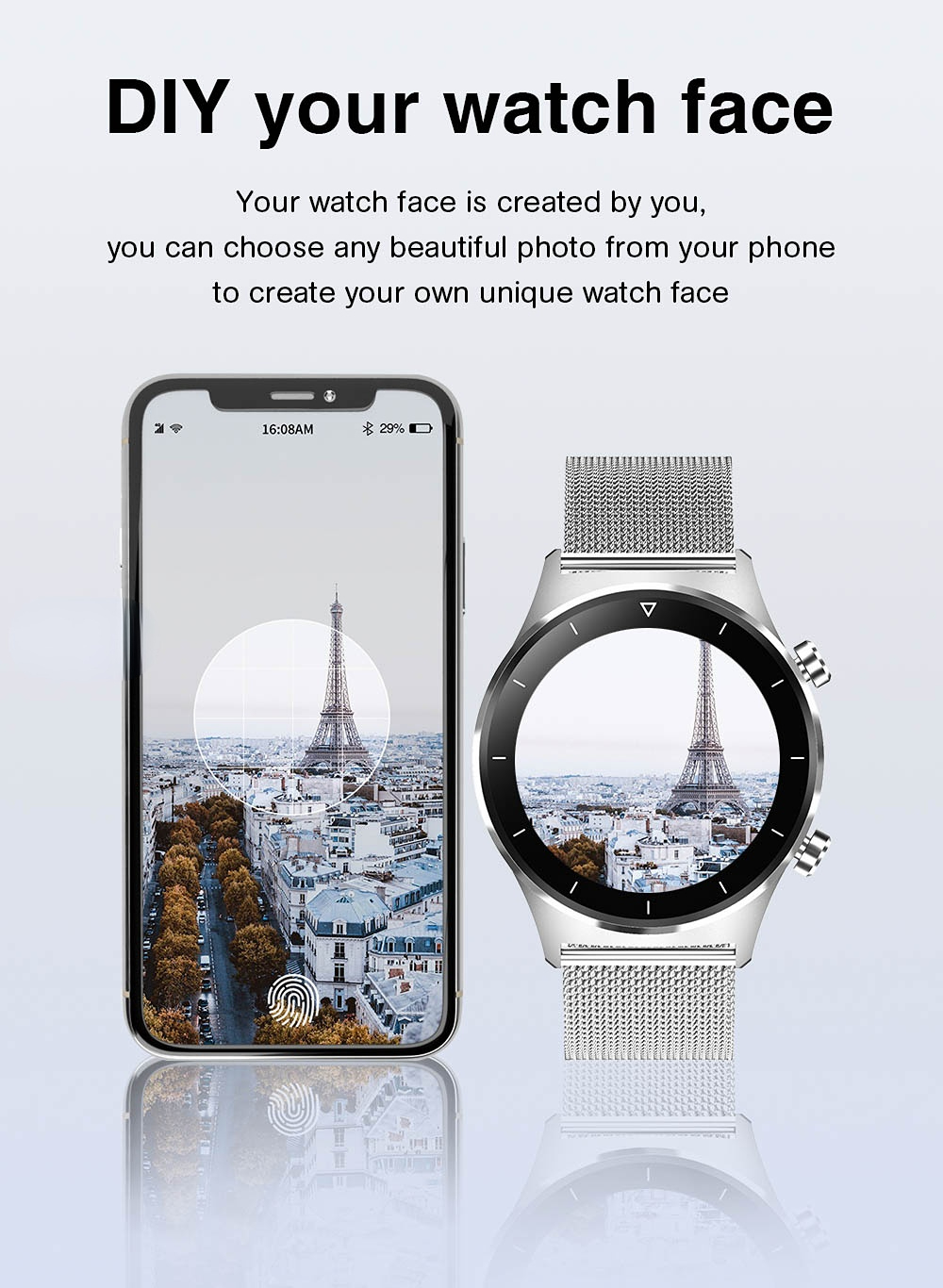 (Silver Steel) Custom Watch Dial Fitness Watch Music Player Activity Trackers Smartwatch For Android iOS Message Reminder