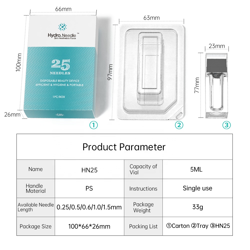 (0.25mm) Hydra Needle Roller HN25 Micro Needle Roller Microneedling Therapy Derma Roller Stamp Titanium Device Beauty Machine Facial Tools With Serums Bottle for Facial Skin Care Essence MTS Aesthetics Force Anti aging 25 pins
