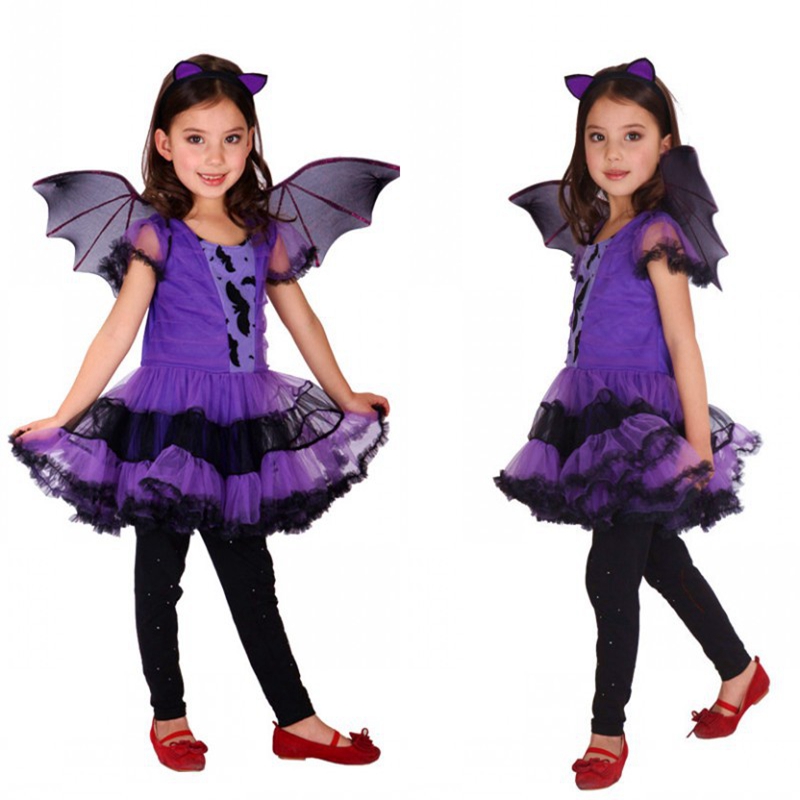 (95~110cm) Halloween Decor Halloween Witch Costume for Girls Purple Bat Dress Up Cosplay Party Supplies Halloween Performance Decor