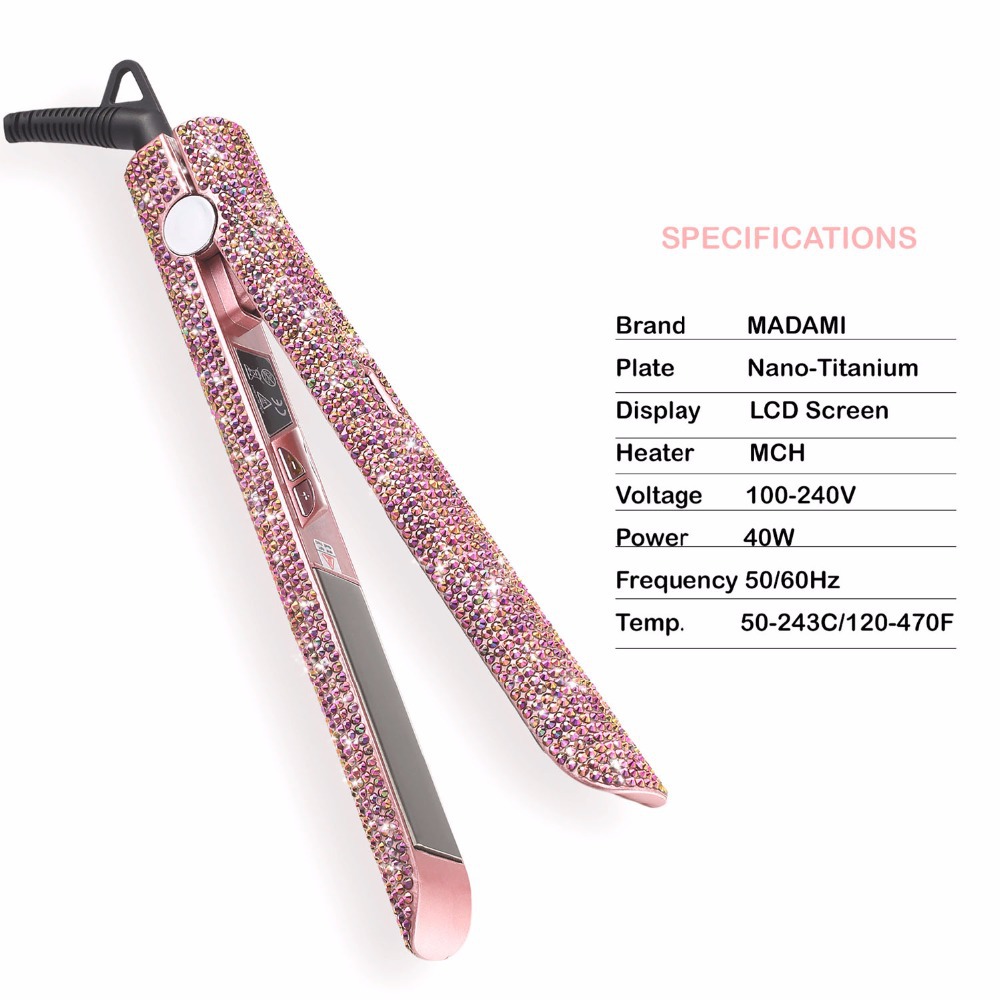 Hair Straightener Hair Curler Professional Titanium Flat Iron Rhinestone Straightening Iron for Women Crystal Diamond LCD Digital Display