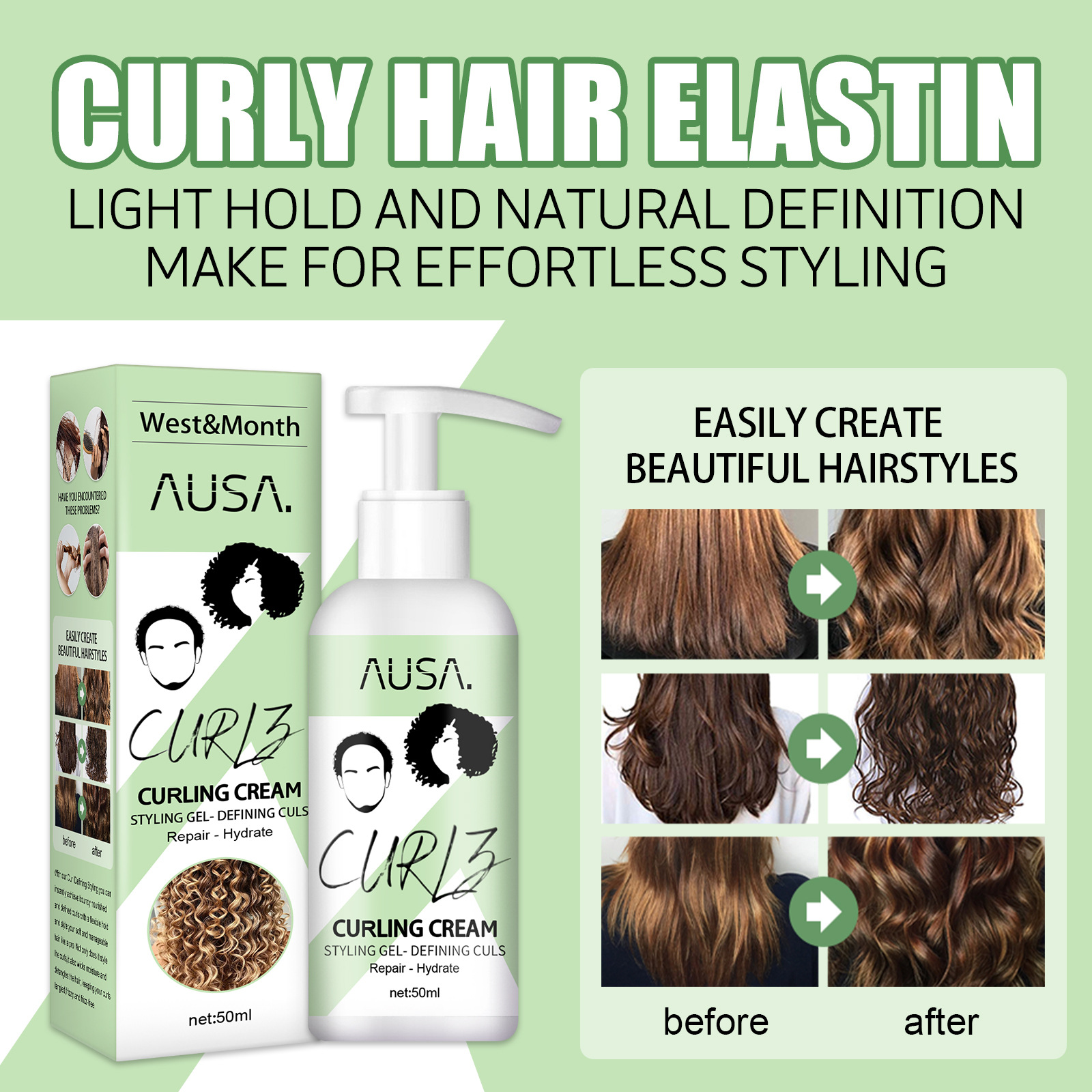 Hair Elastine Cream Repair Curl Elastining Gel Curls Moisturizer and Enhancer Conditioners for Wavy and Curly Hair Products Suitable for Women and Men