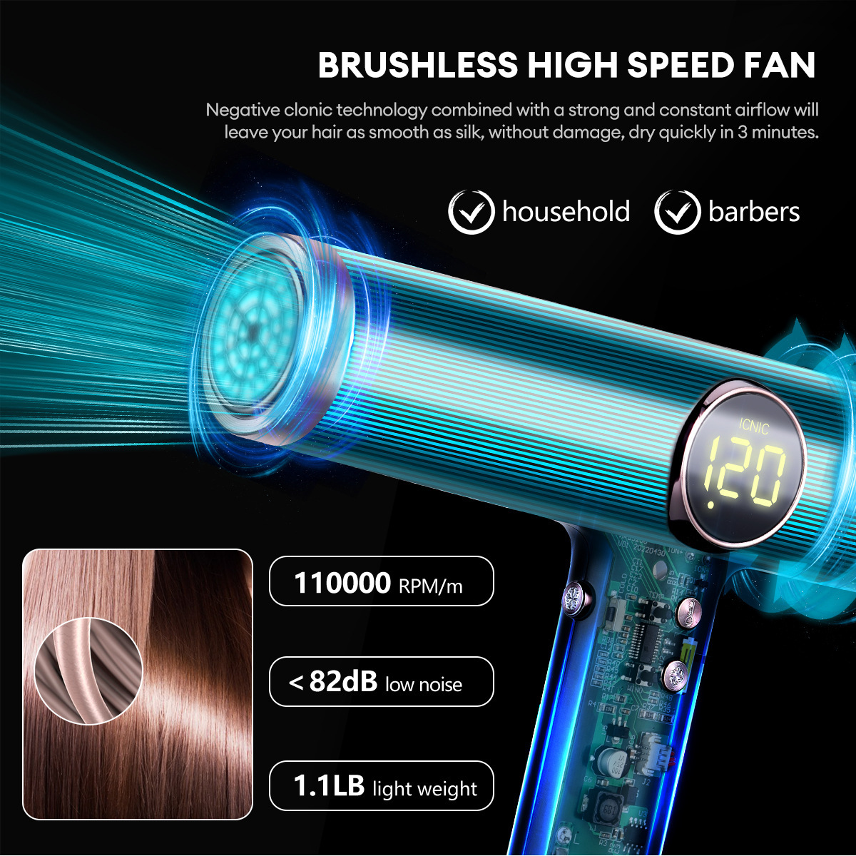 Hair Dryer Lightweight Hairdryer with 110000 RPM High Speed Motor for Fast Drying 200 Million Ionic Hairdryers for Women and Men Low Noise 3pcs Nozzle