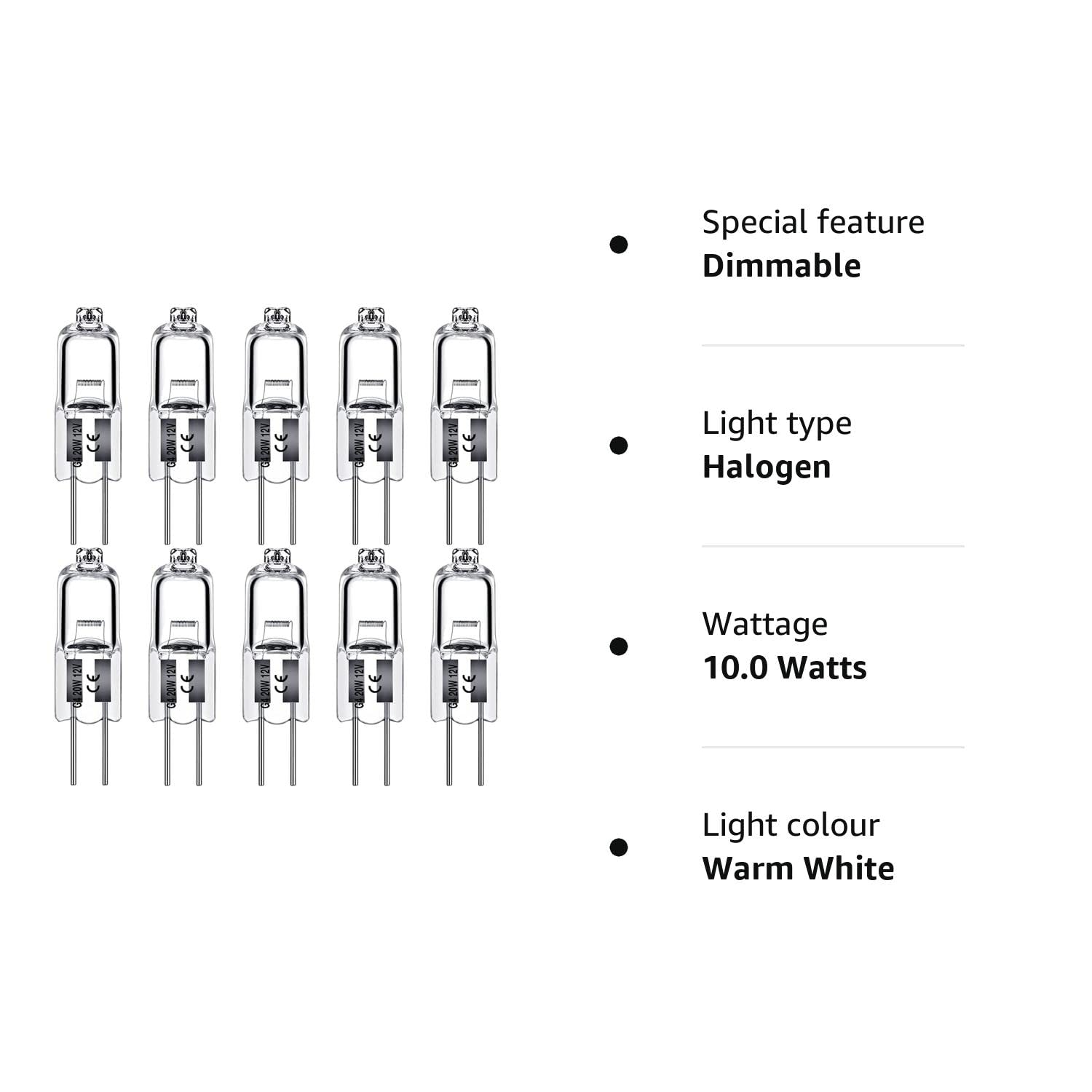 (10 Watts) G4 Halogen Light Bulbs 20W 12V Clear Capsule 2 Pin Lamp Bulb Halogen Pin Base Warm White Dimmable 10 Pack