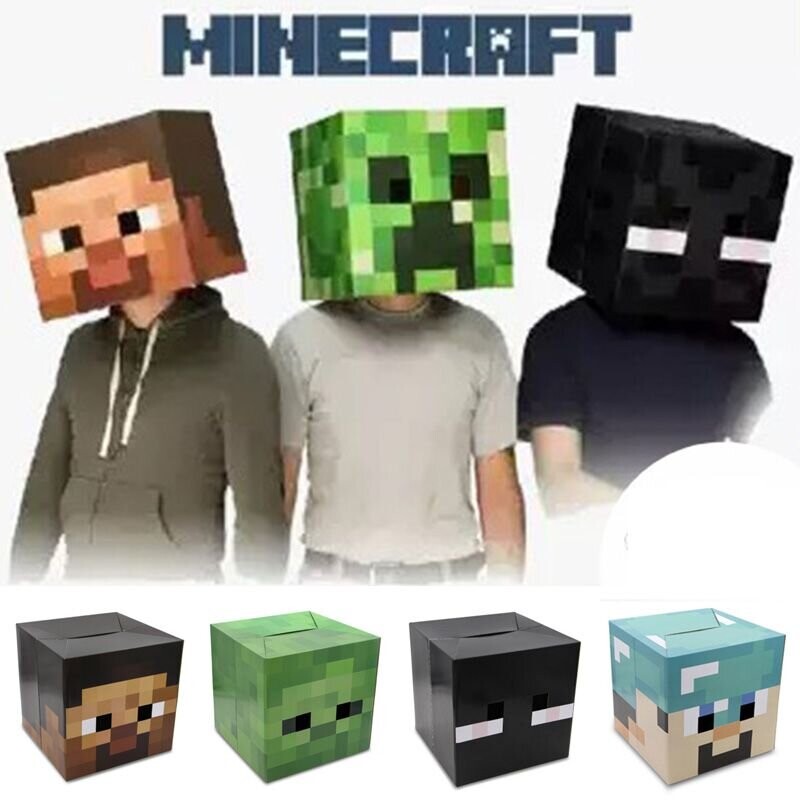 (Brown Steve) Minecraft Cardboard Headgear Box Cosplay Costume Steve Creeper Enderman Zombie Headpiece Costume Mask One Size