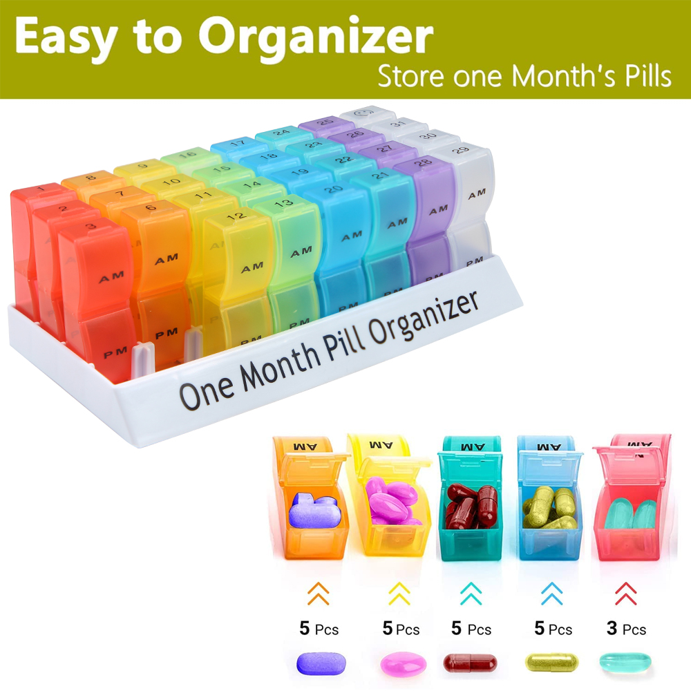 Portable Pill Organizer One Month Pill Box 2 Times A Day AM PM for Vitamins Supplement 31 Day Storage  Medicine Container Travel Pill Cases