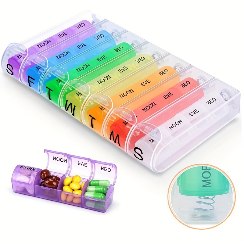 Portable Travel Pill Box 7 Days 28 Grids Pill Cases Container Weekly Rainbow Pill Organizer Storage for Vitamin Medicine Fish Oils Supplements  Easy to Open