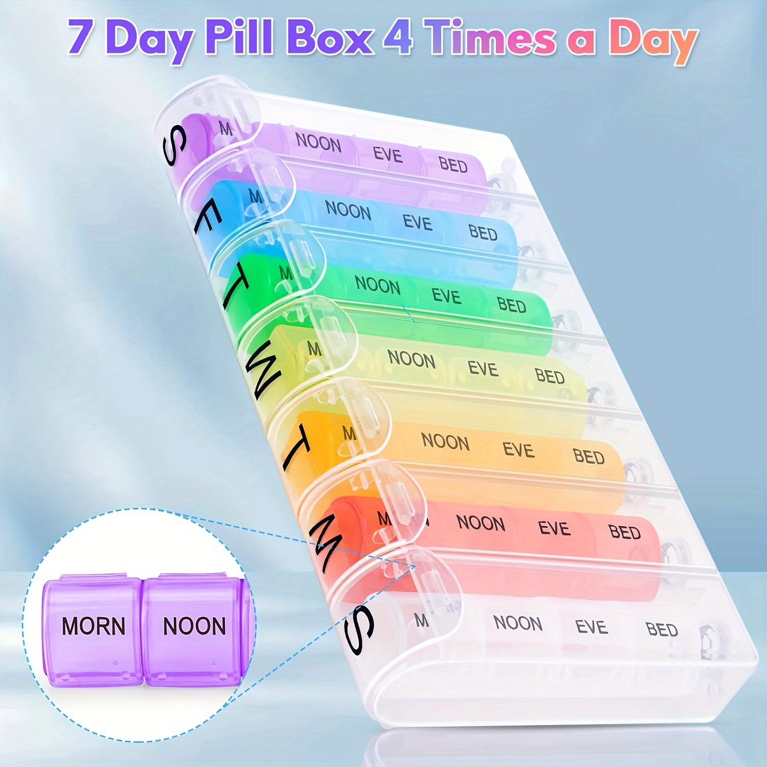 Portable Travel Pill Box 7 Days 28 Grids Pill Cases Container Weekly Rainbow Pill Organizer Storage for Vitamin Medicine Fish Oils Supplements  Easy to Open