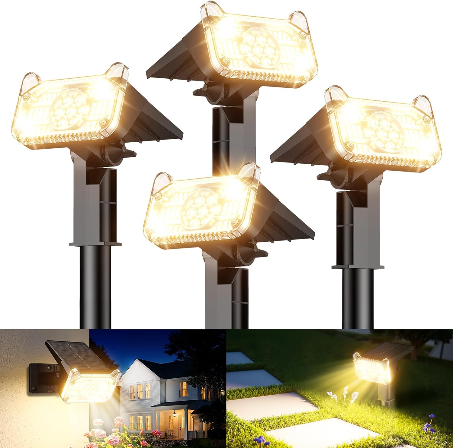 4 Pack Solar Spot Lights Outdoor Garden 68 LED Solar Lights Outdoor Garden with 2 Modes 1200mAh Battery Solar Powered Stake Light IP65 Waterproof Auto ON/Off Up