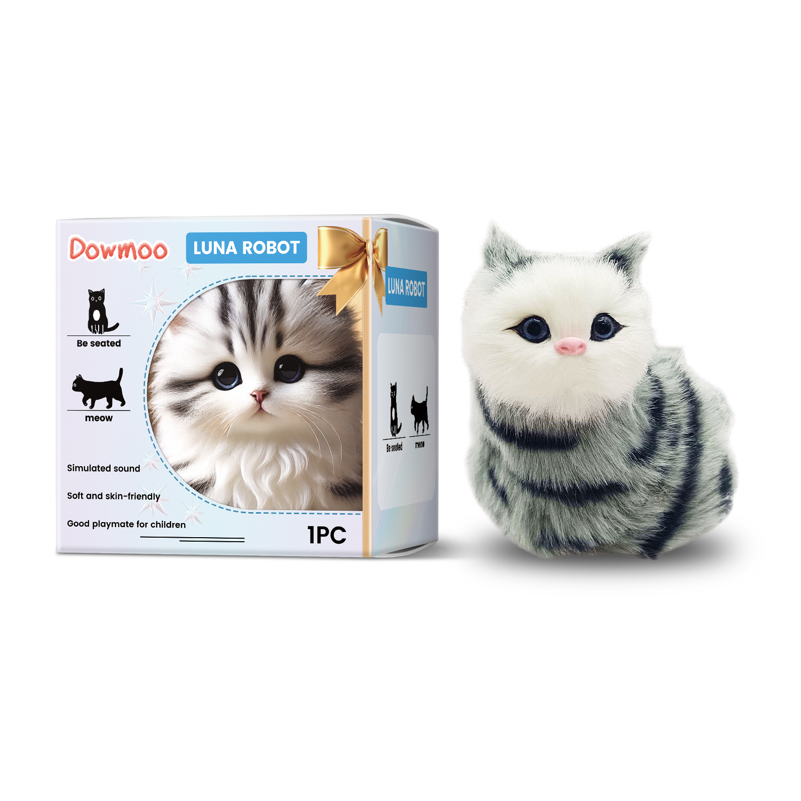 Electric Plush Toy Cat Sitting Meowing Tail Wagging Gift Children Electronic Interactive Cat Toy for Classroom Birthday Kids ﻿