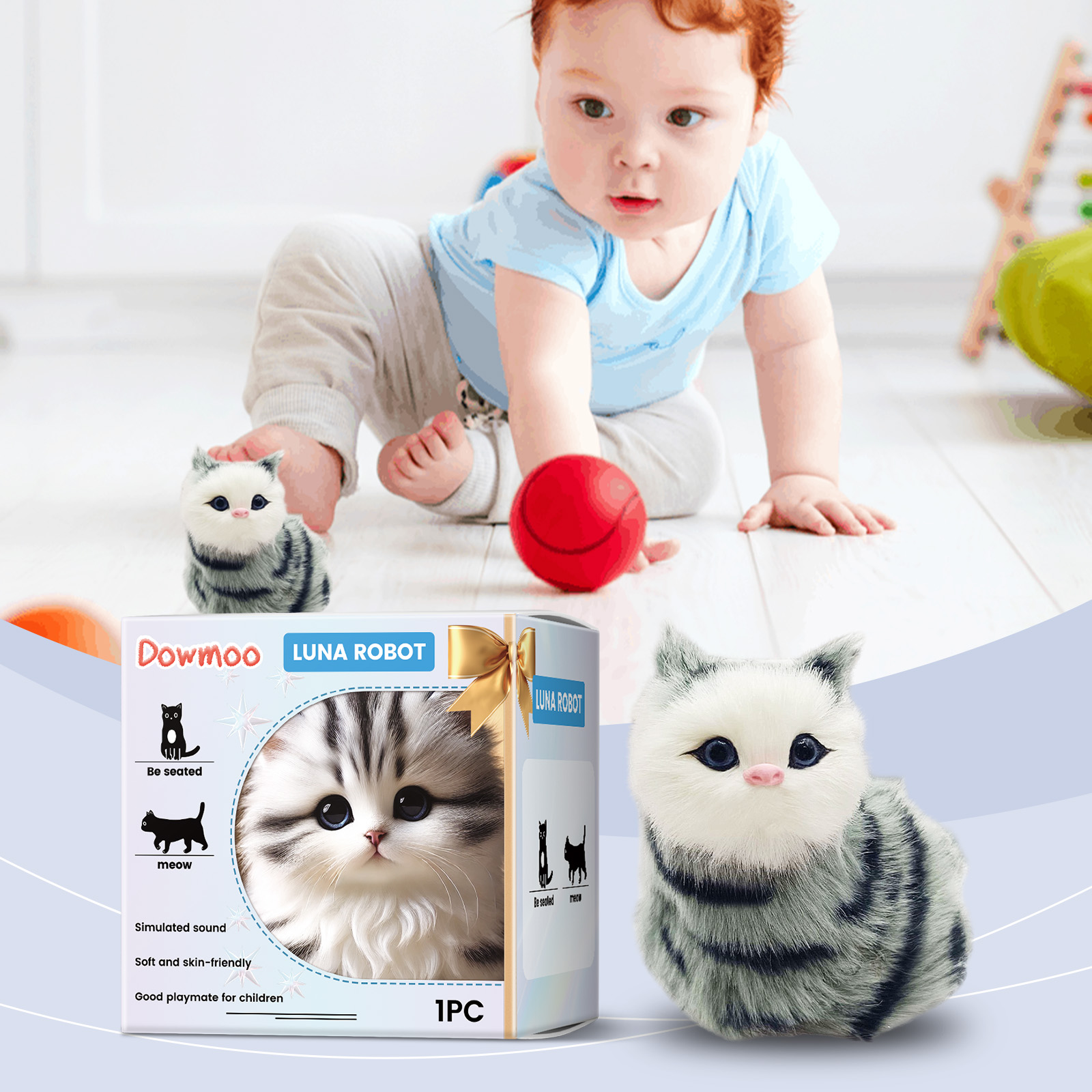 Electric Plush Toy Cat Sitting Meowing Tail Wagging Gift Children Electronic Interactive Cat Toy for Classroom Birthday Kids ﻿