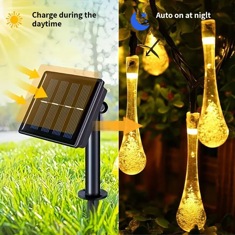(Warm White) Water Droplets Solar String Lights Waterproof Outdoor Decoration Garland Fariy Lights Christmas Wedding Party Garden