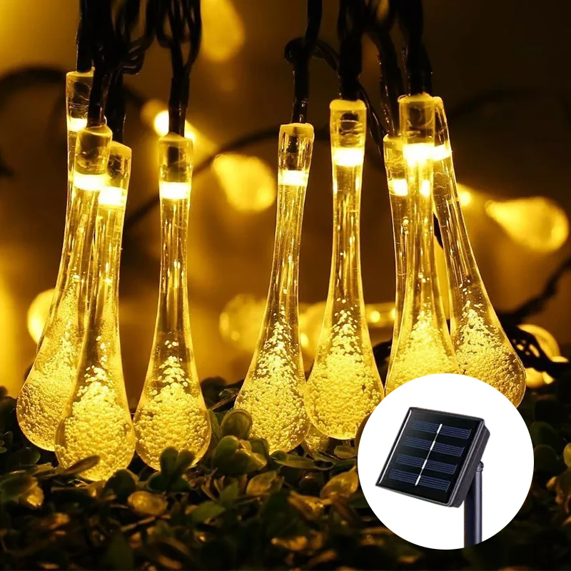 Water Droplets Solar String Lights Waterproof Outdoor Decoration Garland Fariy Lights Christmas Wedding Party Garden