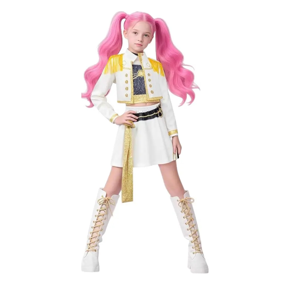 (130CM) Kids Halloween Carnival Costume 3 Pcs Set  Kpop Roleplay Outfit for Girls with Jacket T Shirt Shorts for Children’s Day Party Inspired by Rumi Zoey Mira