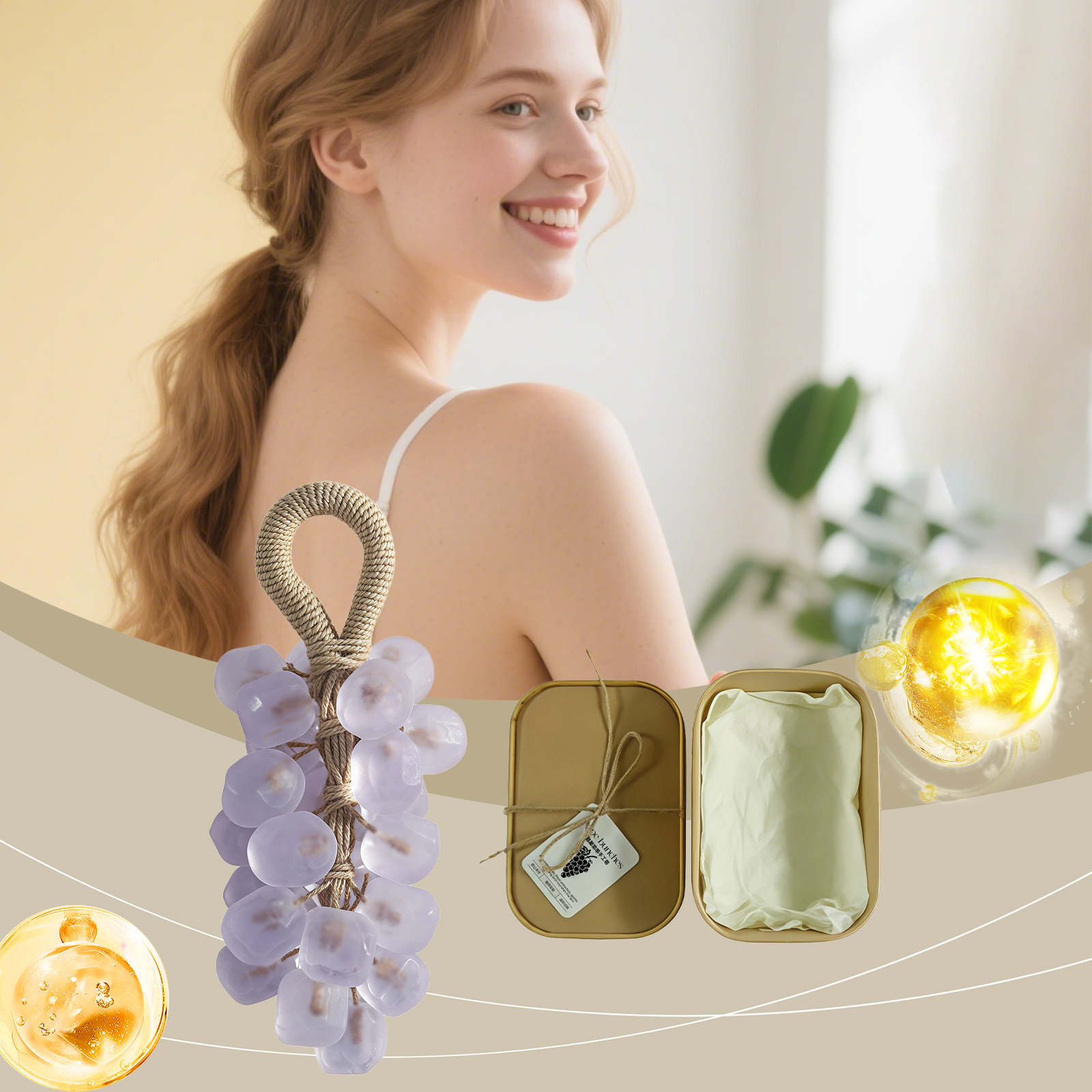 (Tea Tree Gem) Peach Round Grape Soap Handmade Diy Gem Transparent Grape String Mild Cleansing Hand Skin Care
