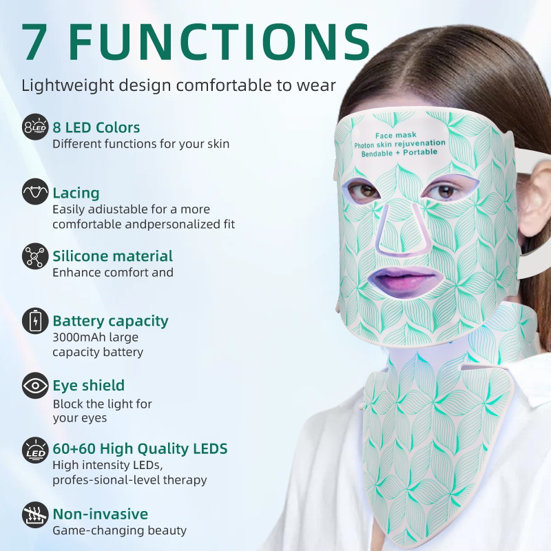 (Black Set) Light Therapy Face Masks for Women 7 Colors LED Facial Mask Neck Red Light Near Infrared Therapy Home Beauty Mask Skin Care Anti Aging Lifting Reduce Puffiness