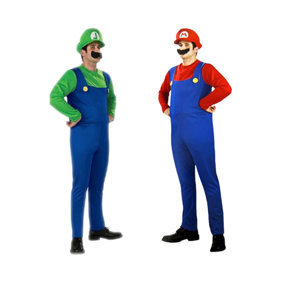 ((Men) Green Luigi, L) Boy Super Mario Costume Party Cosplay Fancy Dress Outfits Hat Set