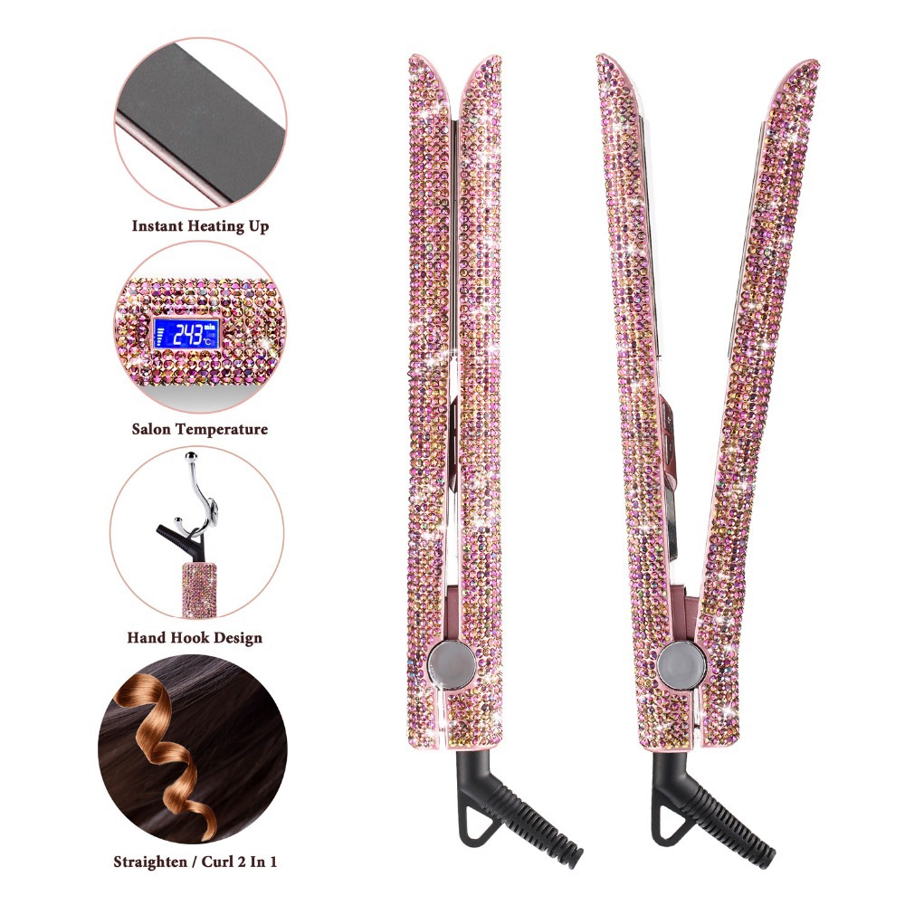 Hair Straightener Hair Curler Professional Titanium Flat Iron Rhinestone Straightening Iron for Women Crystal Diamond LCD Digital Display