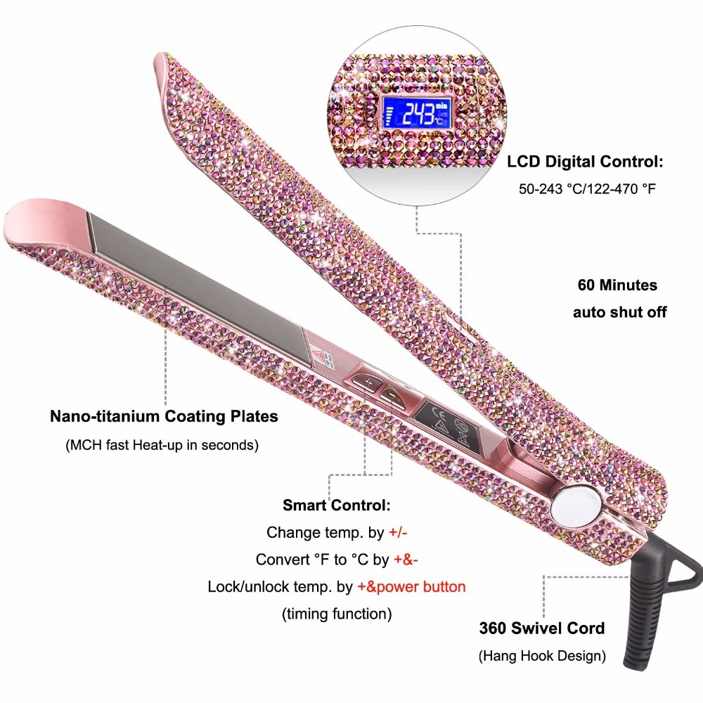 Hair Straightener Hair Curler Professional Titanium Flat Iron Rhinestone Straightening Iron for Women Crystal Diamond LCD Digital Display
