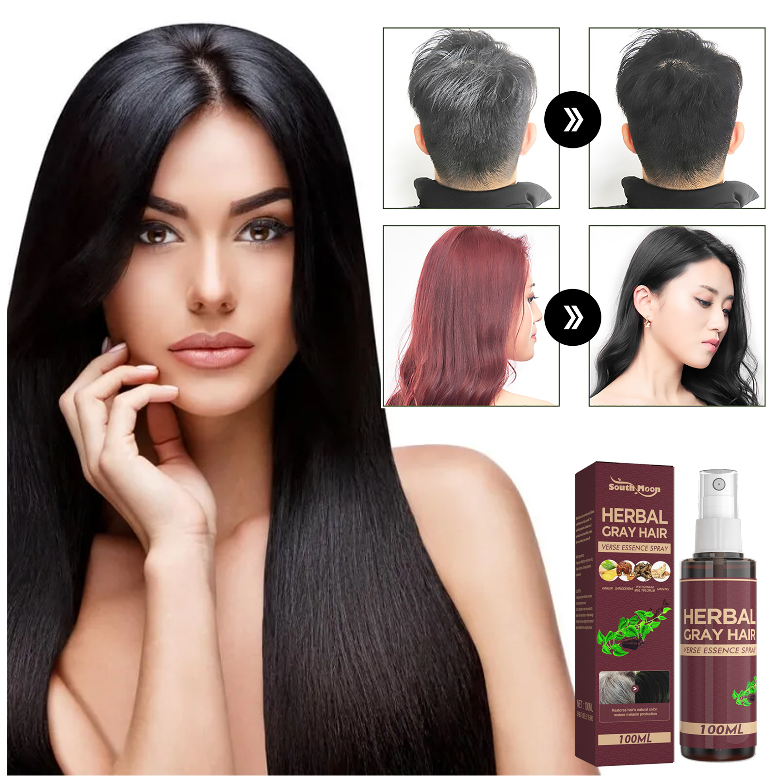 Herbal Black Hair Liquid Hair Darkening Spray Anti Gray Hair Scalp Nourish Spray Hair Treatment Polygonum Multiflorum Essence Bright Hair Care 100ml