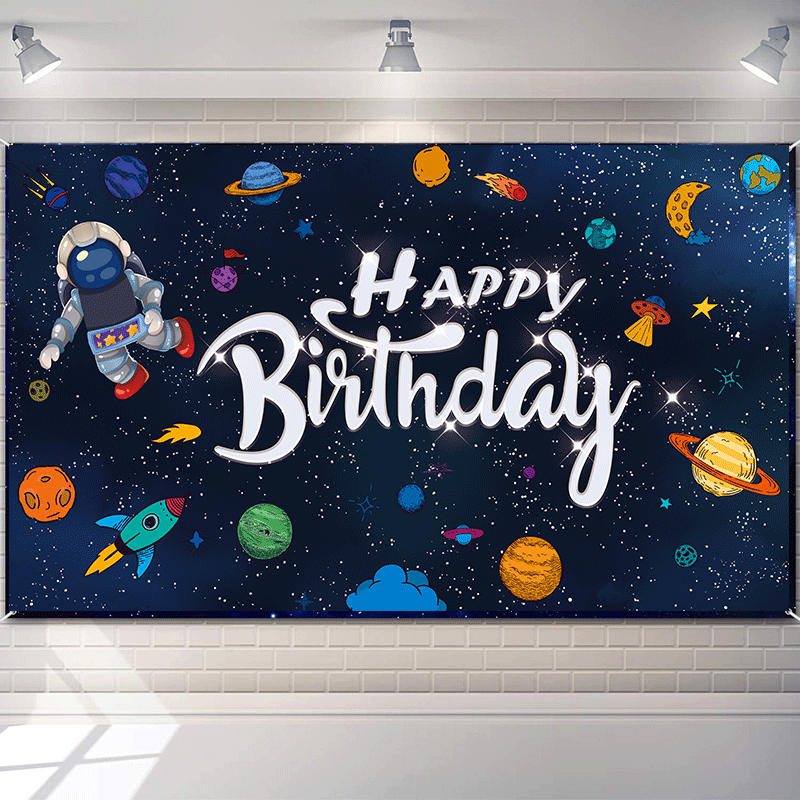 Space Happy Birthday Photography Background Astronaut Rocket Backdrop Banner for Childrens Birthday Galaxy Planet Party Photo Booth Backdrop