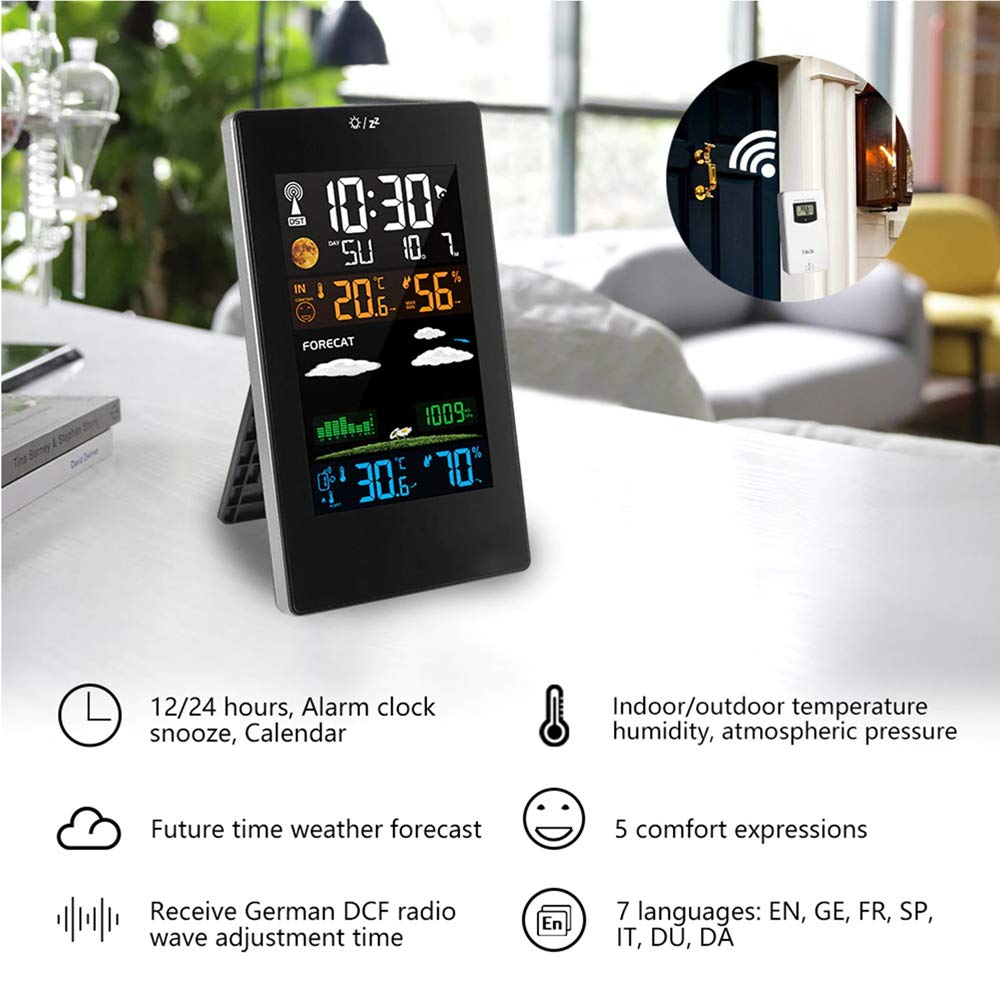Wireless Weather Station Clock Indoor Outdoor Weather Forecaster with Sensor Digital Thermometer Humidity Barometric Pressure Ice Alert
