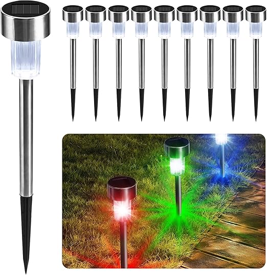 (White) Solar Garden Stake Lights 10 LED Waterproof Stainless Steel Pathway Lights Rechargeable Outdoor Solar Light for Garden Patios Walkways 