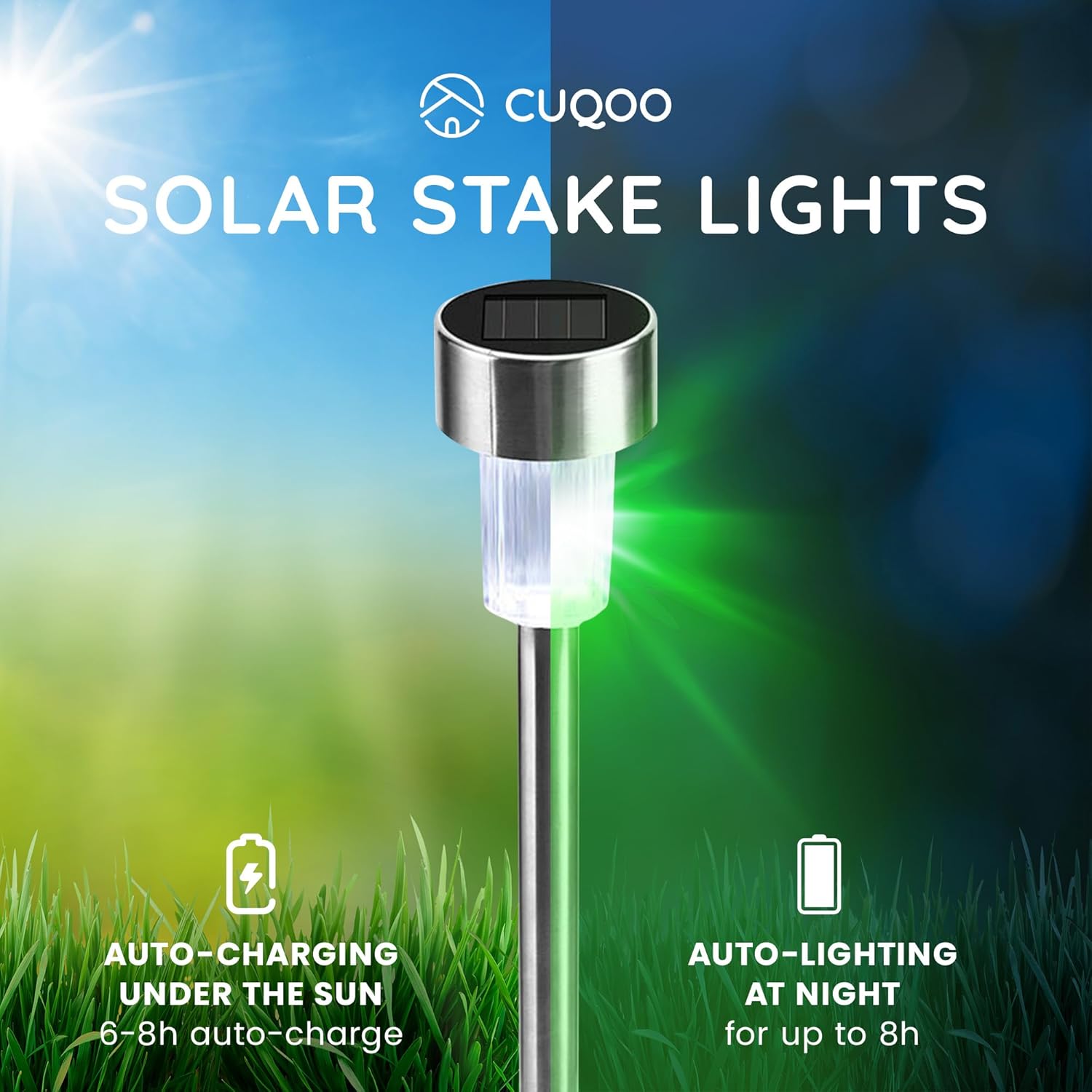 (White) Solar Garden Stake Lights 10 LED Waterproof Stainless Steel Pathway Lights Rechargeable Outdoor Solar Light for Garden Patios Walkways 